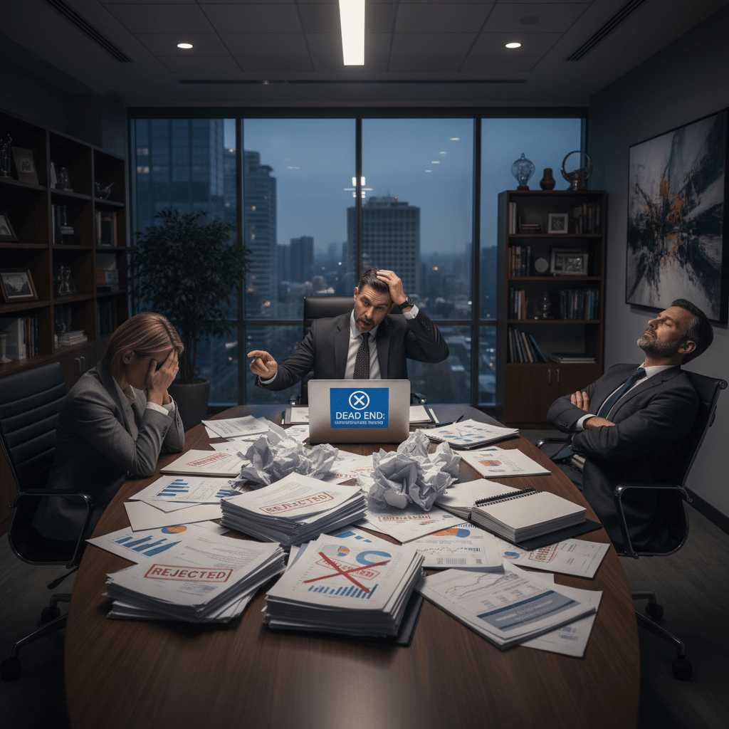 Three business professionals look stressed and frustrated amidst stacks of rejected proposals and disorganized documents on a boardroom table, symbolizing broken fundraising models.