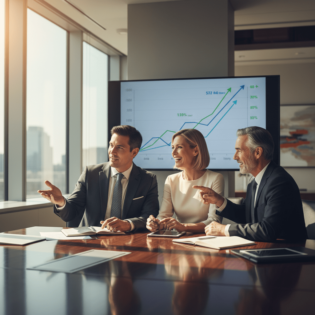 Three confident business executives collaborating around a boardroom table, discussing successful financial strategies.