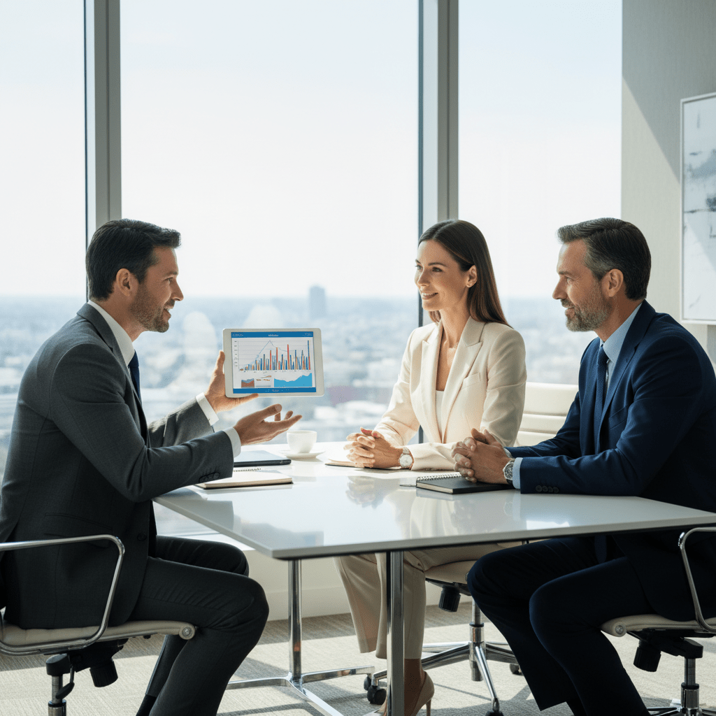 Three confident business professionals discuss finance in a modern, sunlit executive boardroom, representing elite networking and strategic decision-making.