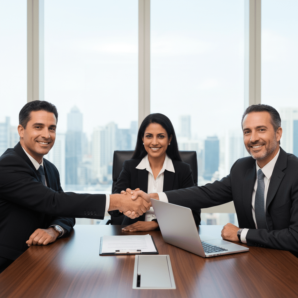 Three confident business professionals shaking hands after signing a successful venture capital deal in a modern office.