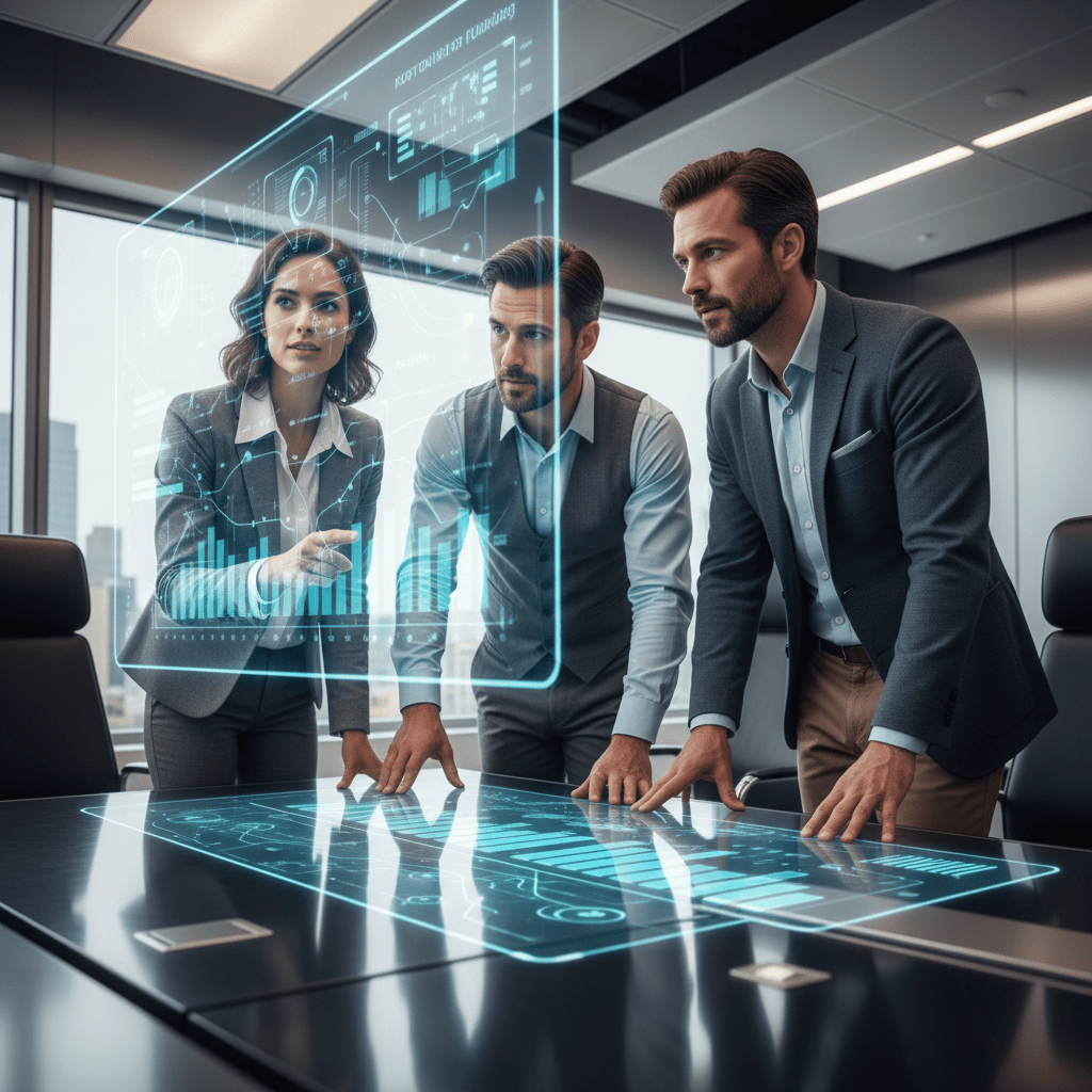 Three confident founders discuss growth strategies in a modern office, looking at data on a transparent screen.