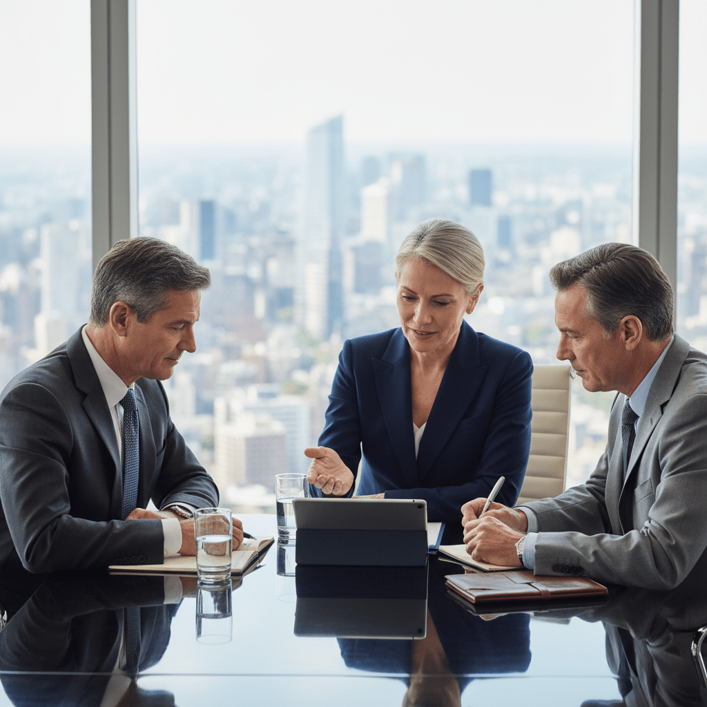 Three diverse business executives in a modern boardroom discussing financial strategy, symbolizing corporate fundraising and capital raising success.