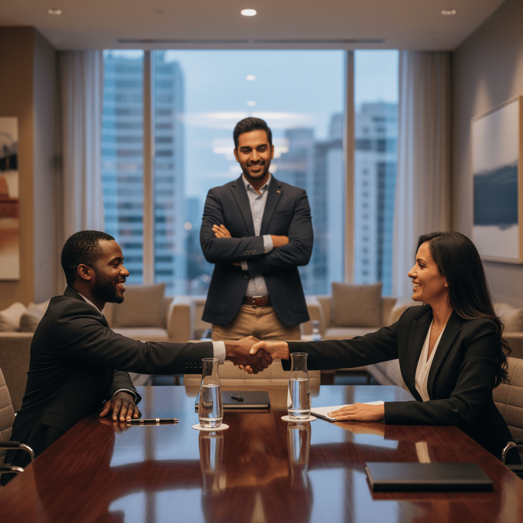 Three diverse business leaders in a private office, two shaking hands across a table, symbolizing a successful venture capital deal secured through trusted professional networks.