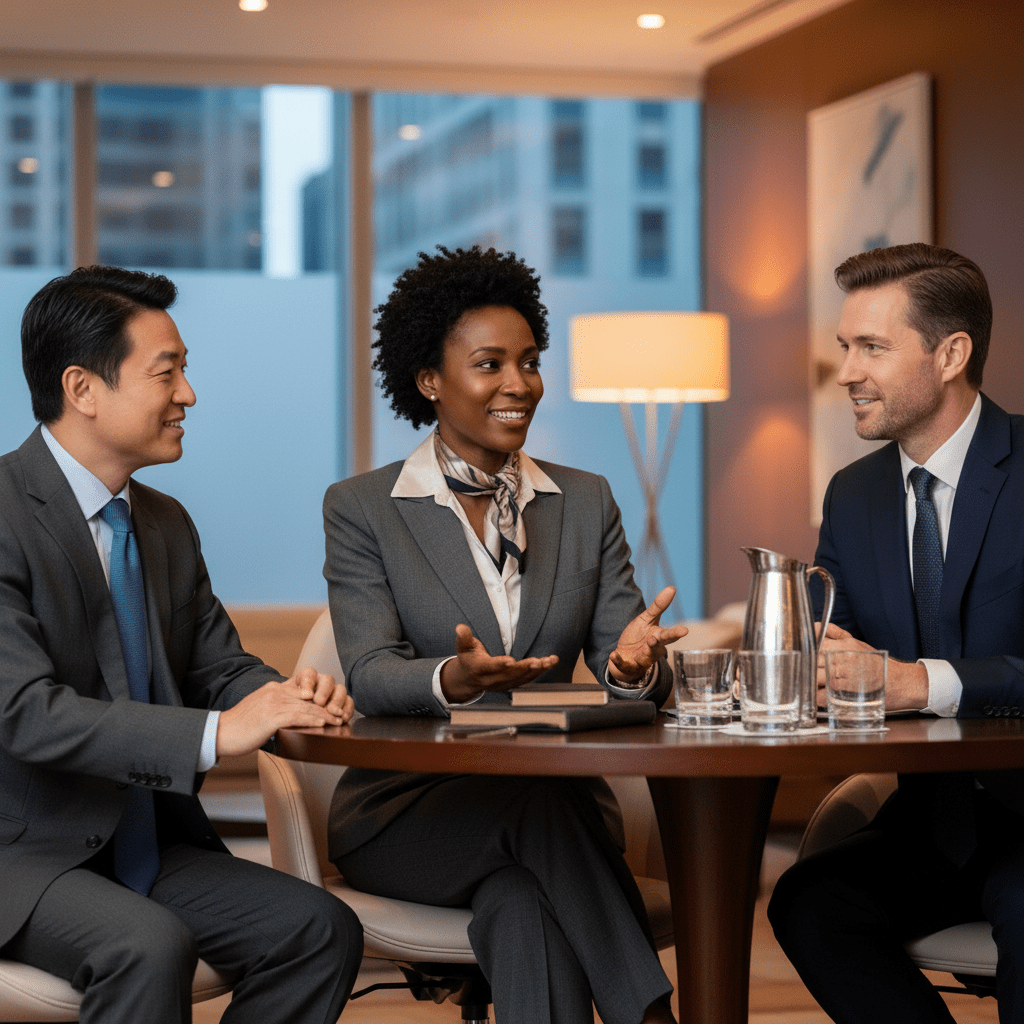 Three diverse business leaders in professional attire engaged in a deep, trusting conversation in a luxurious office setting, representing relationship-first fundraising.