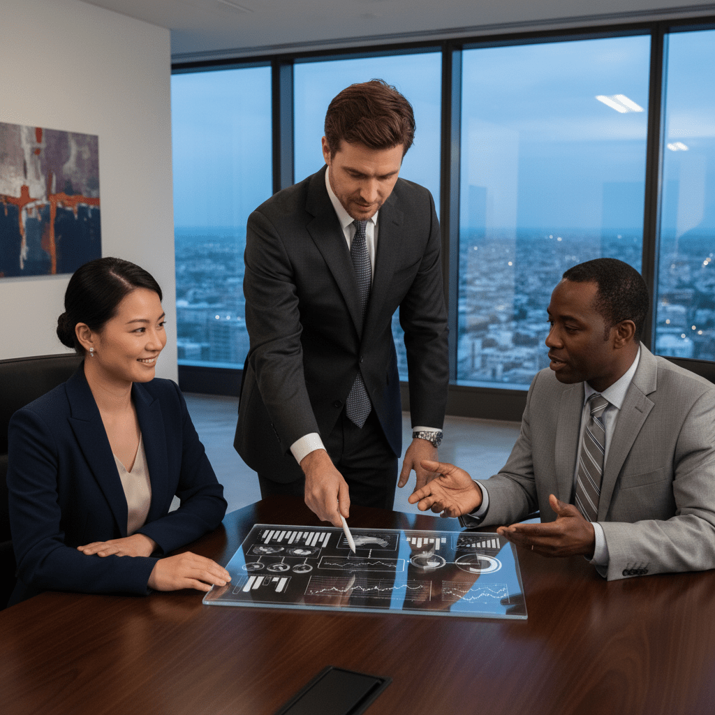 Three diverse business professionals collaborate around a digital display in a high-rise office, illustrating a successful strategic system.