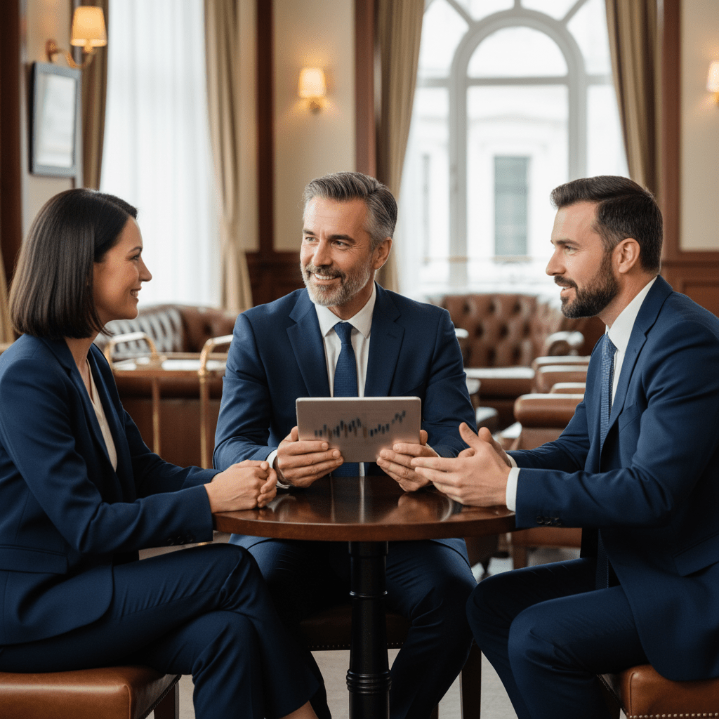 Three diverse business professionals engage in a warm, high-level conversation in a sophisticated lounge, symbolizing strong investor relationships.