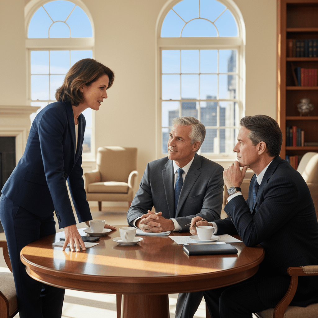 Three diverse business professionals engaged in a high-level, trusting conversation in a luxurious setting, emphasizing relationship-first strategy.