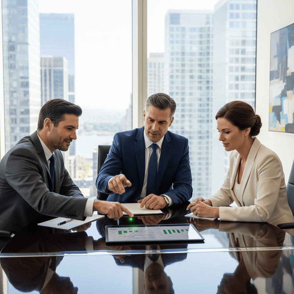 Three diverse business professionals in a high-rise boardroom, engaged in a strategic discussion with a confident demeanor, representing proven capital raising strategies.