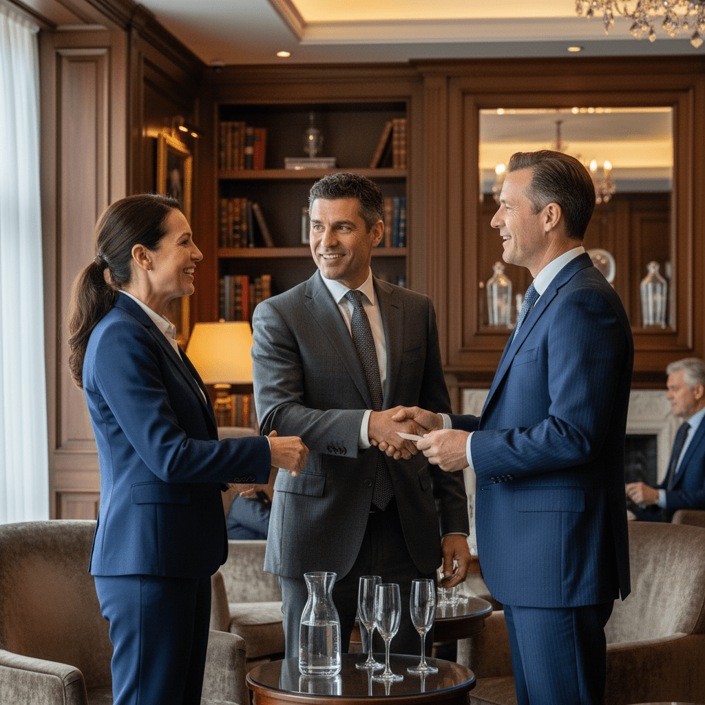 Three diverse business professionals networking and exchanging cards in an exclusive private club lounge, illustrating the power of leveraging one's network for capital.