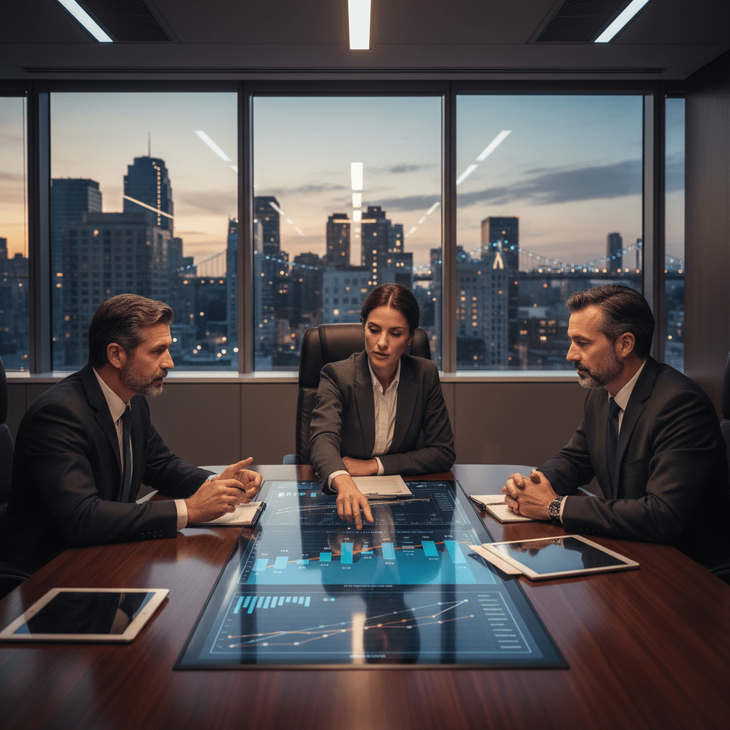 Three diverse executives in a modern boardroom discussing sophisticated real estate capital raising strategies.
