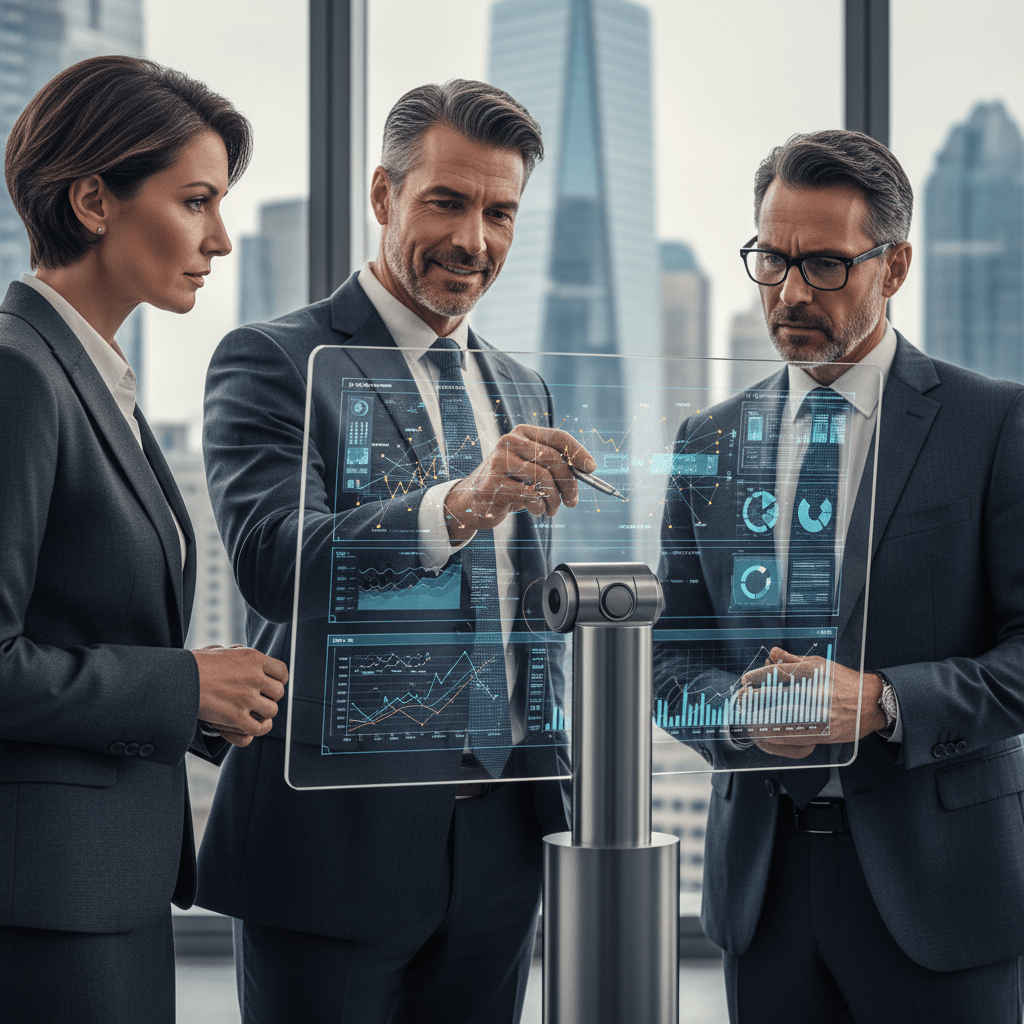 Three diverse founders in a modern boardroom, confidently analyzing complex investment data and strategic connections on a large digital display.
