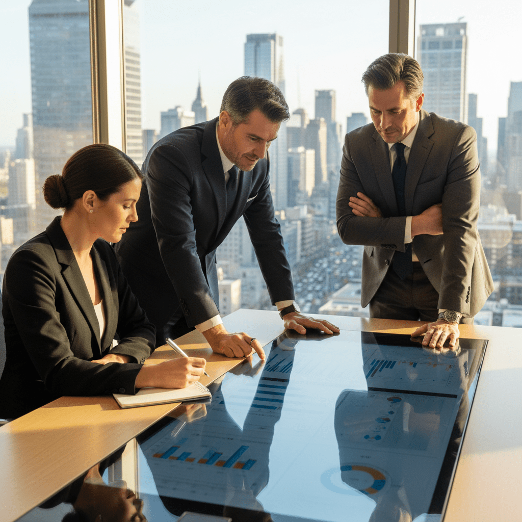 Three diverse founders strategically reviewing financial data in a modern, high-rise office, embodying focused due diligence and capital-raising success.