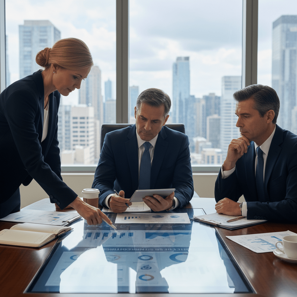 Three executives review strategic financial models on a digital screen in a modern boardroom.