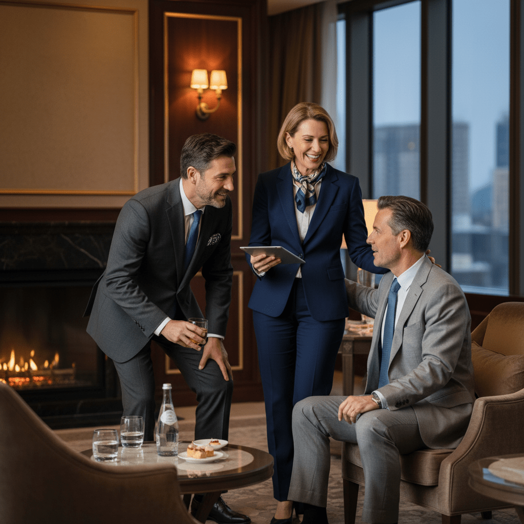 Three professional executives networking and conversing in an exclusive, high-end private lounge, symbolizing an invaluable investor network.