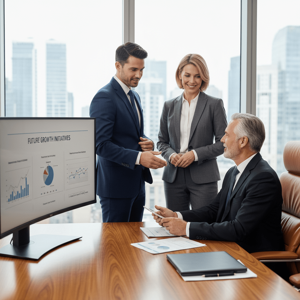 Three professionals, two founders and an investor, in a high-end boardroom, engaging in a confident and collaborative discussion.
