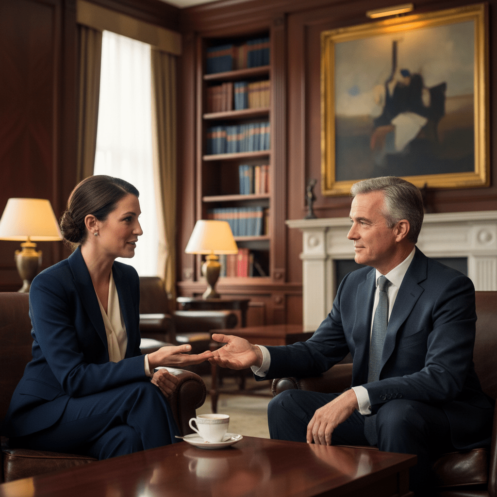 Two business executives engage in a warm, professional conversation in a luxurious private club lounge, emphasizing relationship building.