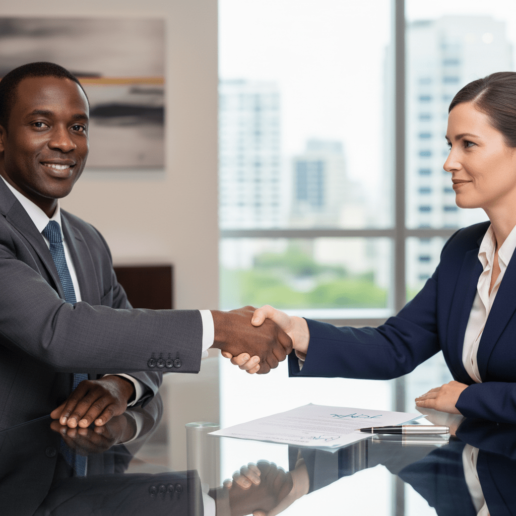 Two business executives shaking hands in a modern boardroom, signifying the successful closure of a high-value investor deal.