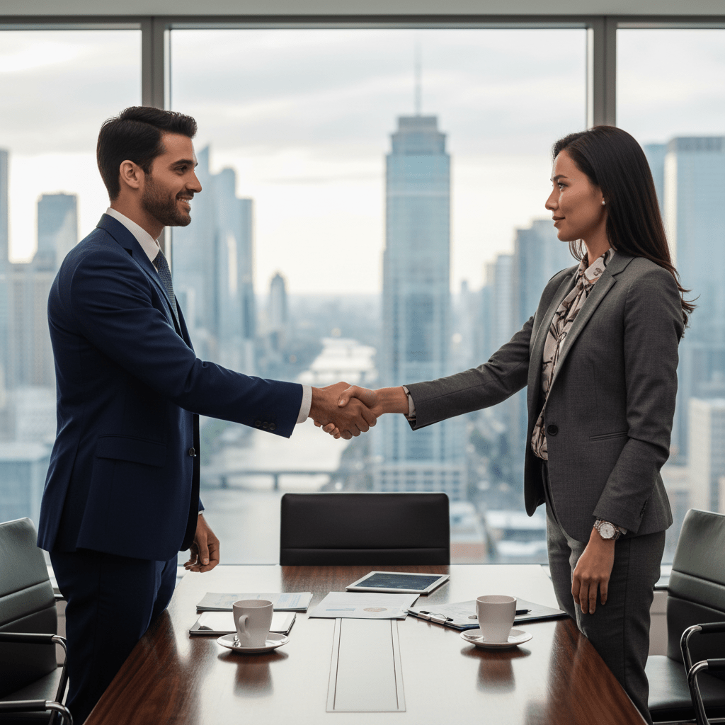 Two business professionals, a founder and an investor, shaking hands in a modern executive boardroom, symbolizing a successful partnership and capital raise.