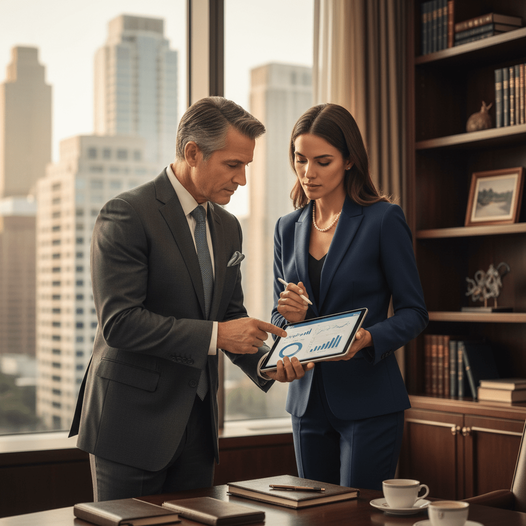 Two business professionals, an experienced mentor and a mentee, engaged in a strategic discussion in a high-end office setting, representing expert guidance in capital raising.