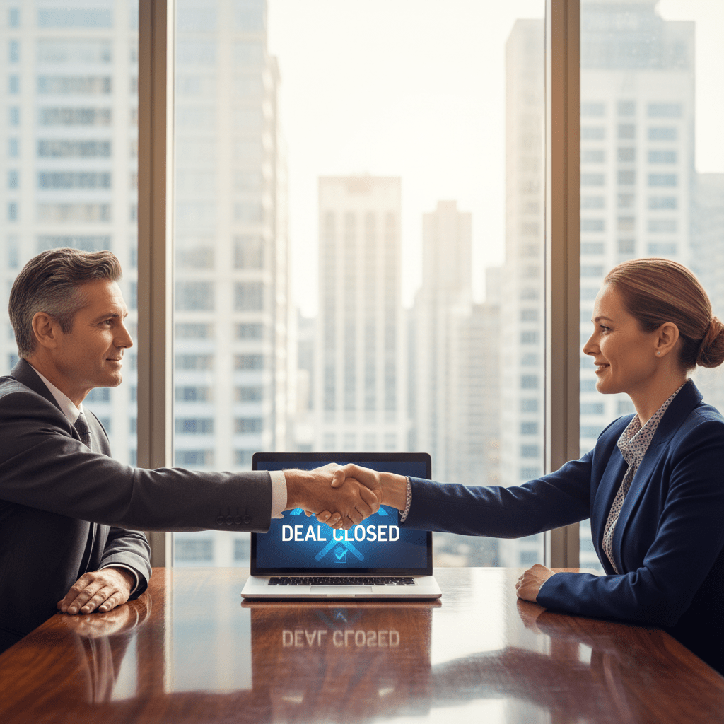 Two business professionals confidently shake hands across a conference table, symbolizing a closed deal.