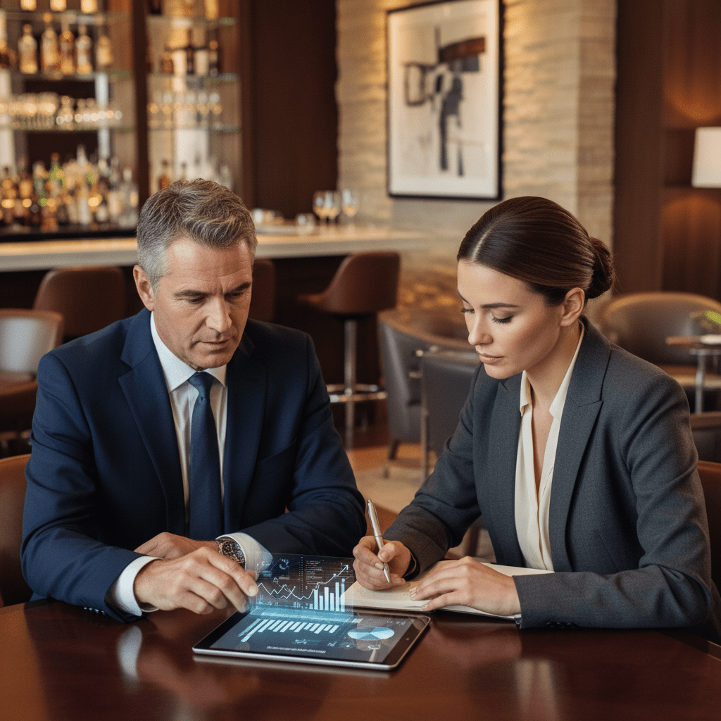 Two business professionals engage in a strategic, high-level discussion in an exclusive executive lounge.