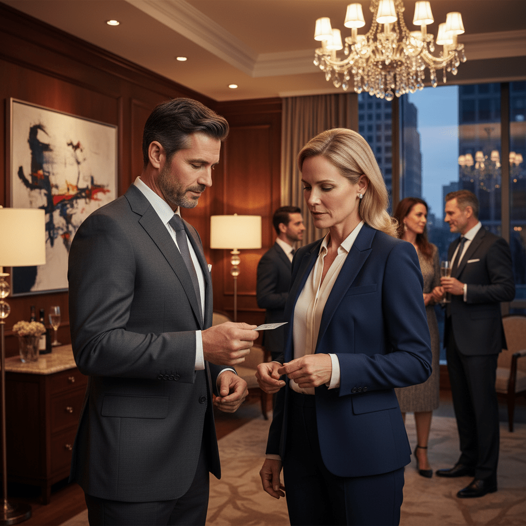 Two business professionals exchanging a business card and conversing at an exclusive networking event.