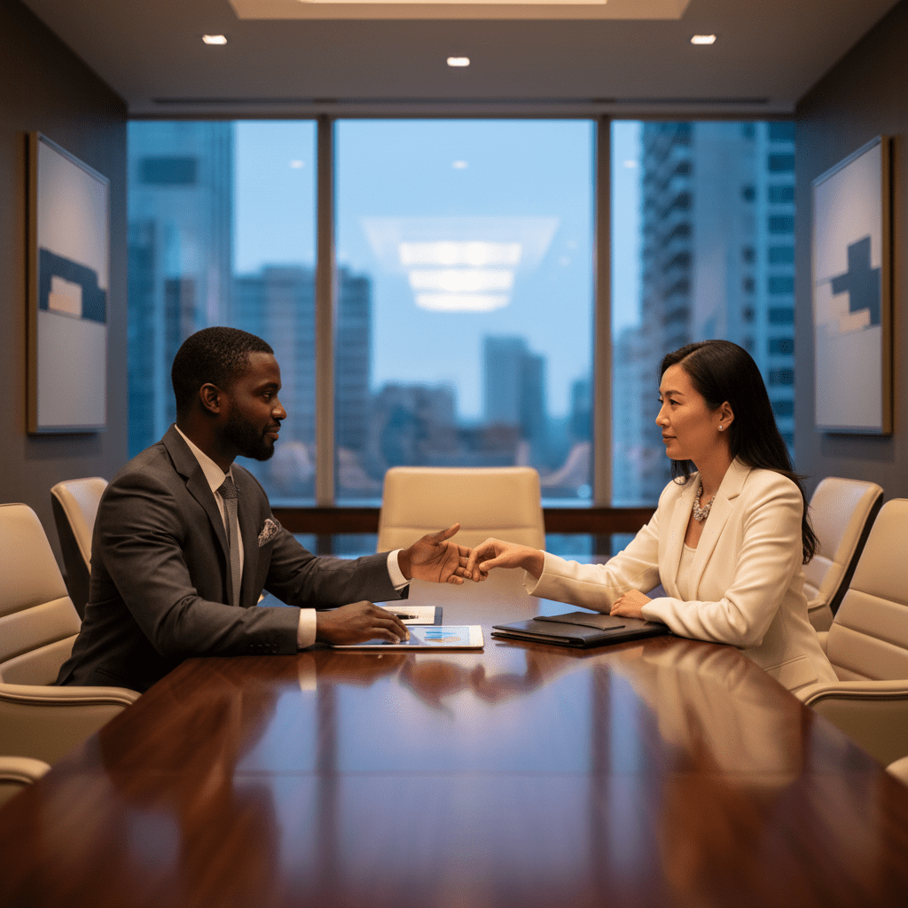 Two business professionals making eye contact across a modern conference table, symbolizing a successful partnership built on relationships and trust.