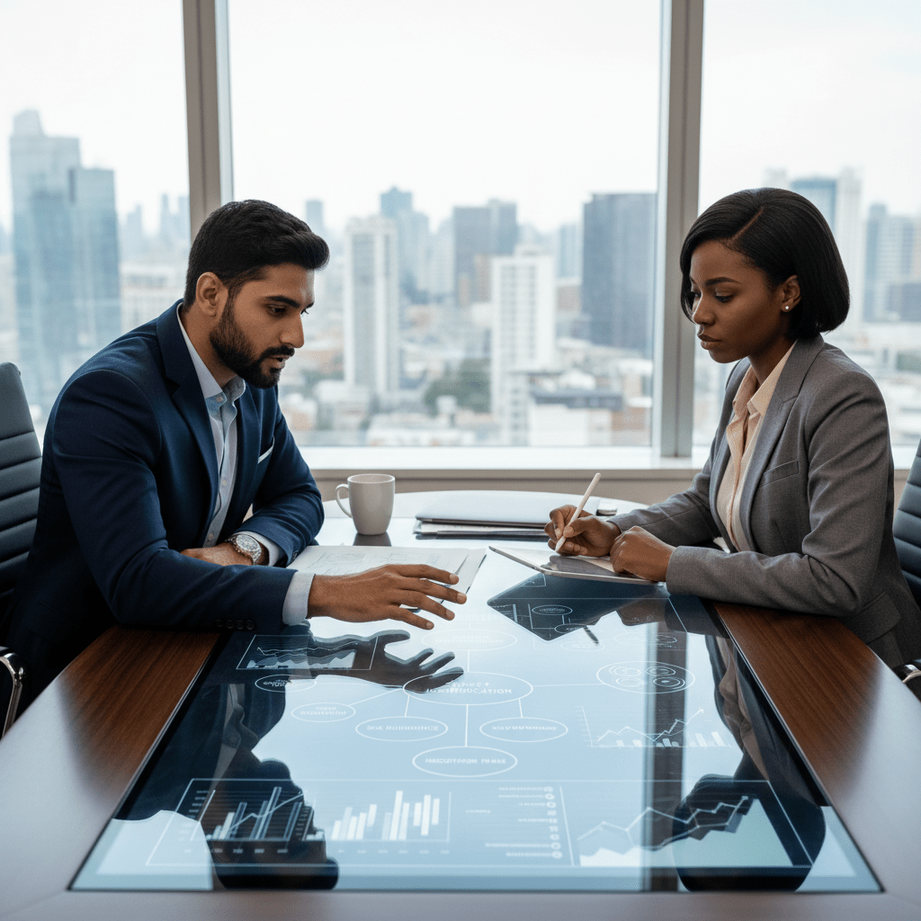 Two business professionals meticulously analyzing a digital deal sourcing flowchart in a modern boardroom.