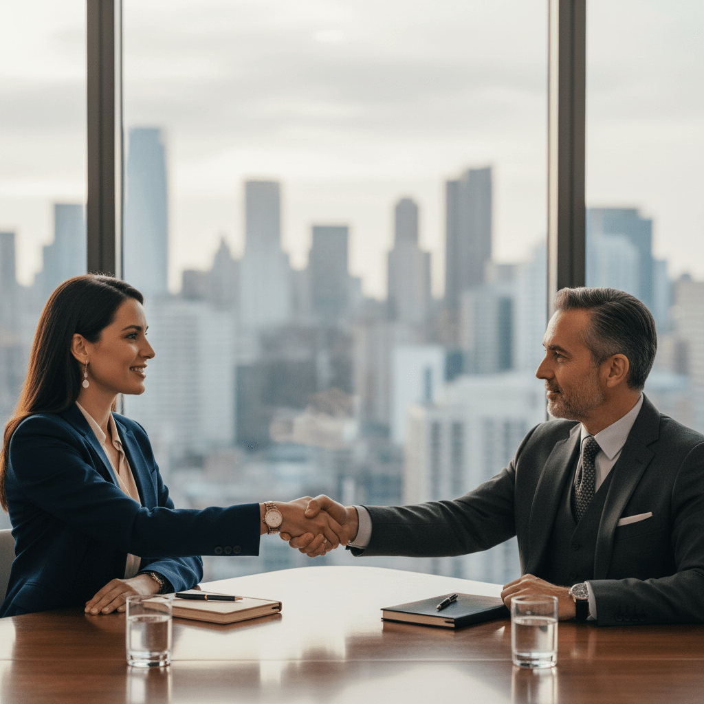 Two business professionals shaking hands in a premium office setting, symbolizing a successful relationship-based fundraising deal.