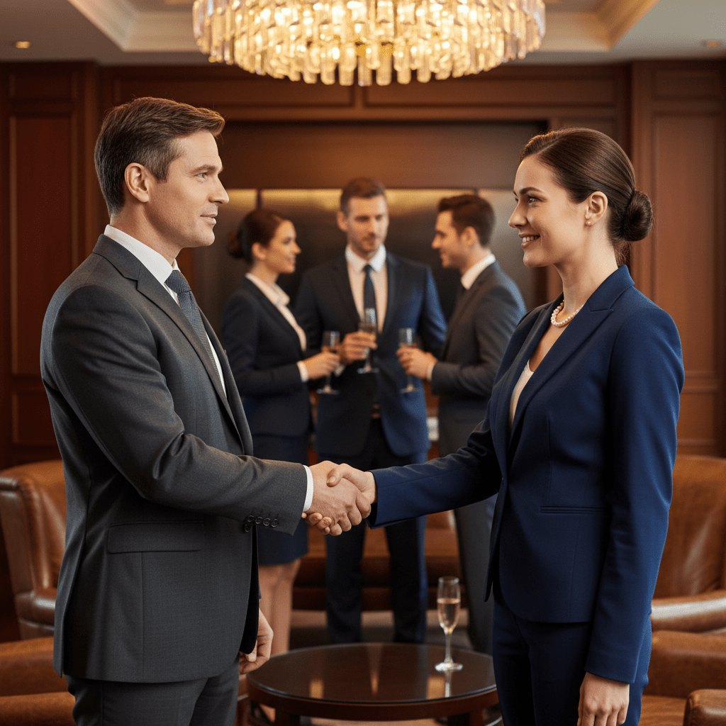 Two business professionals shaking hands in an elegant networking environment, symbolizing a strong, trust-based relationship.
