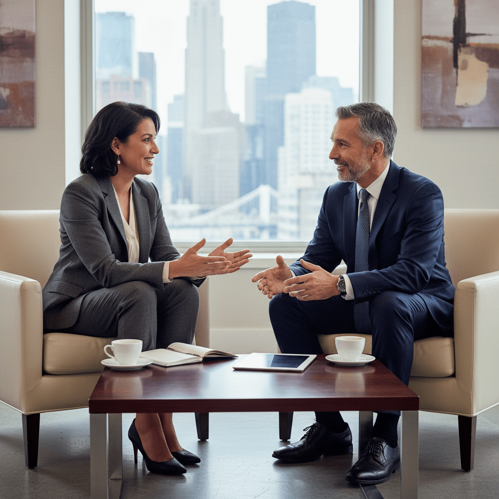 Two diverse business professionals having a trusted, collaborative conversation in a premium executive setting, representing relationship-first capital raising.