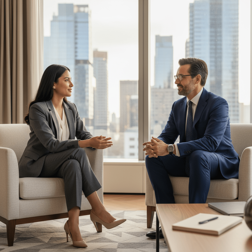 Two diverse executive-level professionals engaged in a trust-building conversation in a high-end corporate office, symbolizing successful investor relationship building.