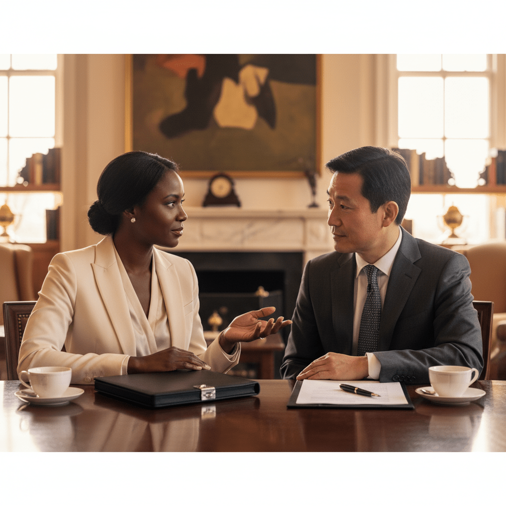 Two diverse professionals building trust through a focused conversation in a high-end boardroom, symbolizing relationship-first fundraising.