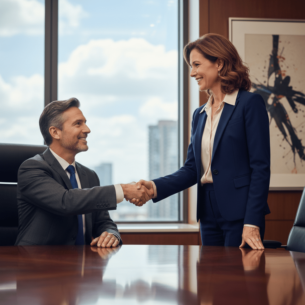 Two executive professionals shake hands warmly across a boardroom table, symbolizing a strong business relationship.
