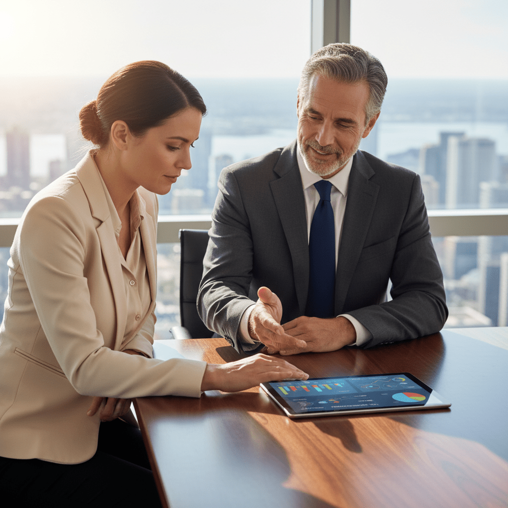 Two executives in a modern boardroom, one guiding the other through strategic investment plans on a tablet, symbolizing expert capital raising guidance.