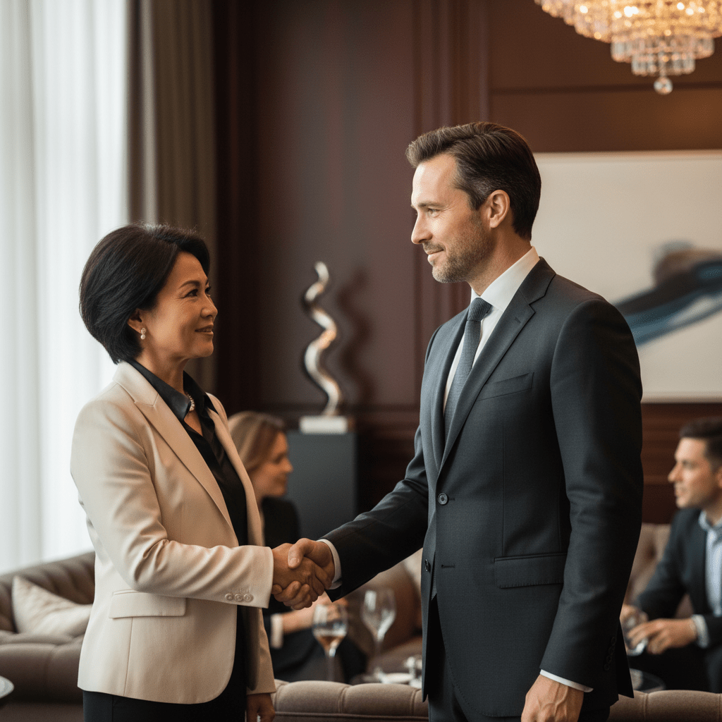 Two professional executives, a man and a woman, networking at a high-end event, symbolizing relationship-based fundraising and exclusive connections.