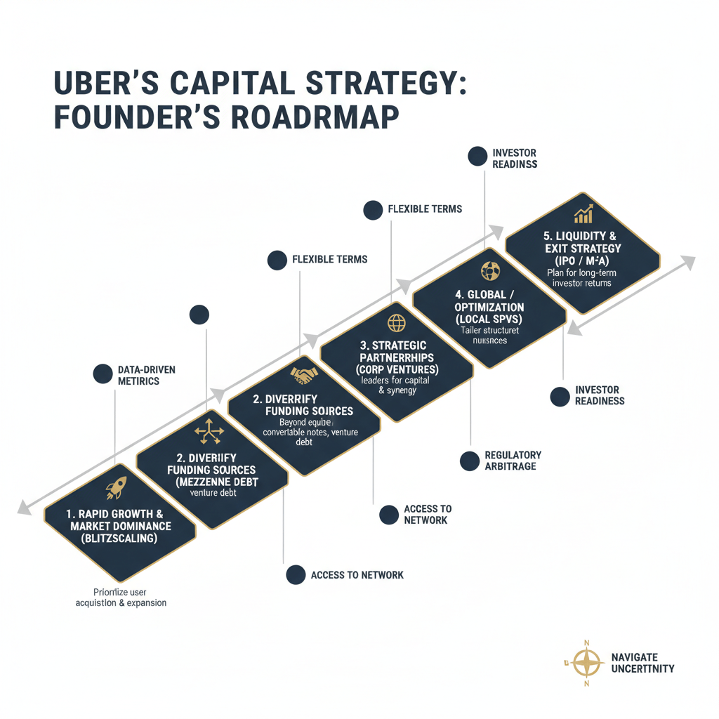 A clean, executive-level infographic outlining a structured roadmap or process diagram for applying Uber's capital raising lessons to a founder's strategy.