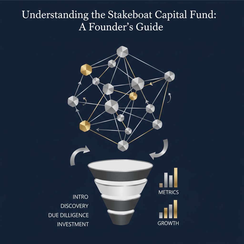 A clean, premium infographic header image featuring an abstract network graph with metallic lines and geometric nodes, layered ascending segments symbolizing growth, and subtle data visualization on a deep navy and charcoal background, accented with silver and gold, representing capital raising strategies and investor connections.