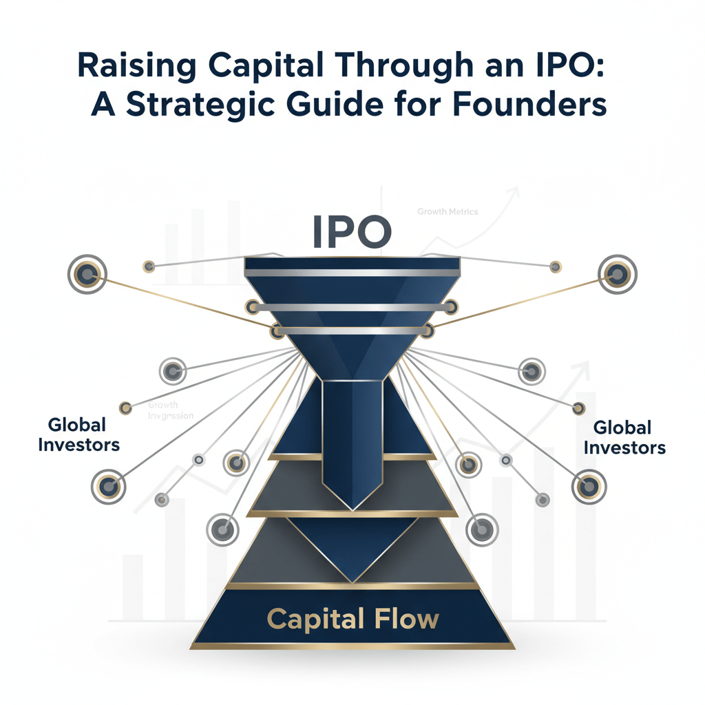 A clean, premium infographic-style header image featuring a central abstract representation of a strategic capital raising pipeline or IPO funnel, depicted with ascending, layered geometric shapes. Interconnected node networks with flowing lines radiate from this central structure, symbolizing global investor connections and capital flow. Subtle, minimalist data-driven charts or growth curves are integrated into the background, signifying results and progression. The style is modern, vector-based, and minimalist, utilizing clean geometric shapes, subtle gradients, and prominent metallic silver and gold highlights. The color palette consists of deep navy, charcoal, and white, conveying trust and sophistication.