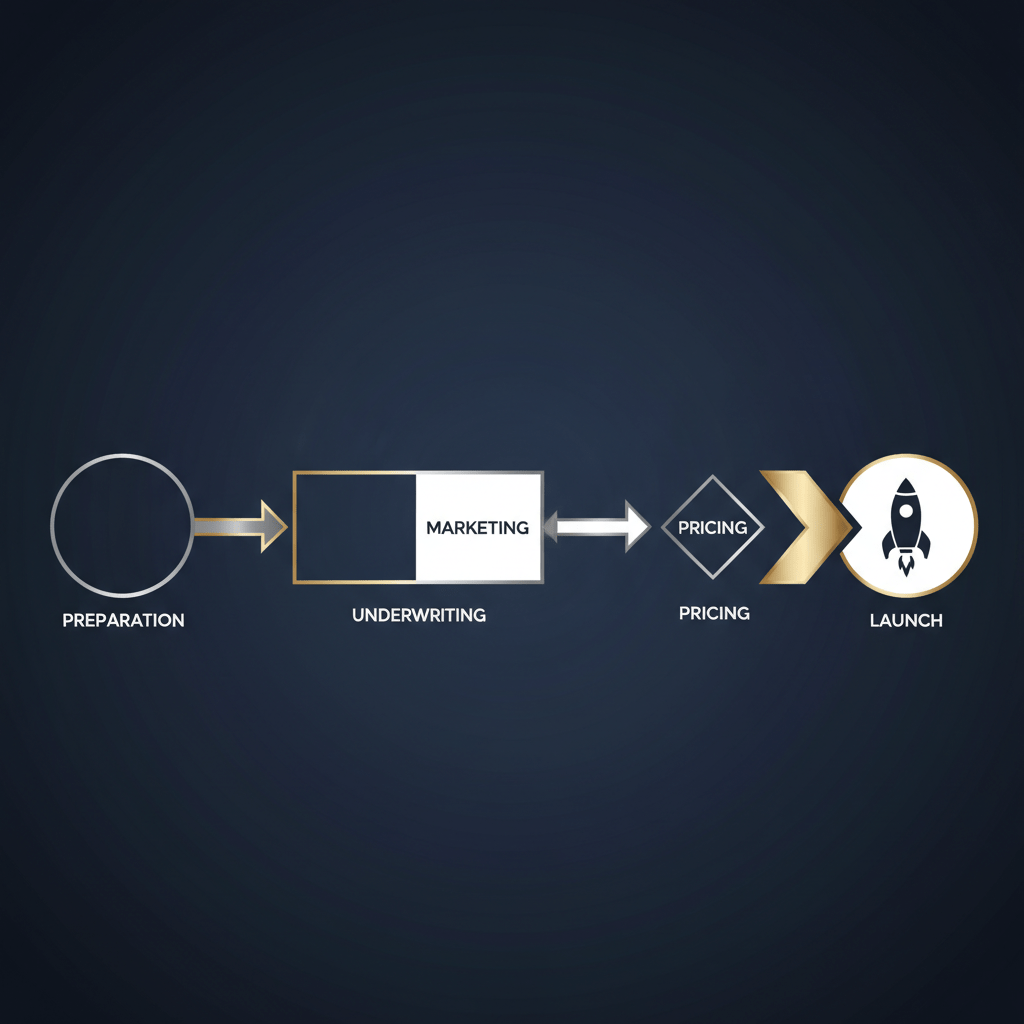A clean, vector-based infographic depicting the multi-stage IPO process as a series of interconnected geometric nodes with directional flow.