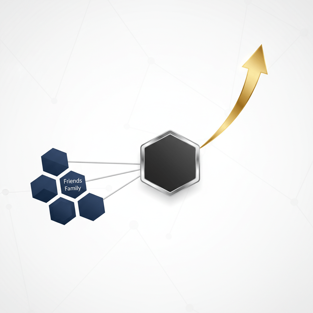 A clean, vector-based infographic header. A central charcoal hexagonal node representing a founder is connected by metallic silver lines to a tight cluster of deep navy geometric nodes, symbolizing friends and family. An elegant, upward-curving metallic gold arrow emerges from the founder node, illustrating the flow of early capital and signaling progression towards broader investment networks, all on a white background.