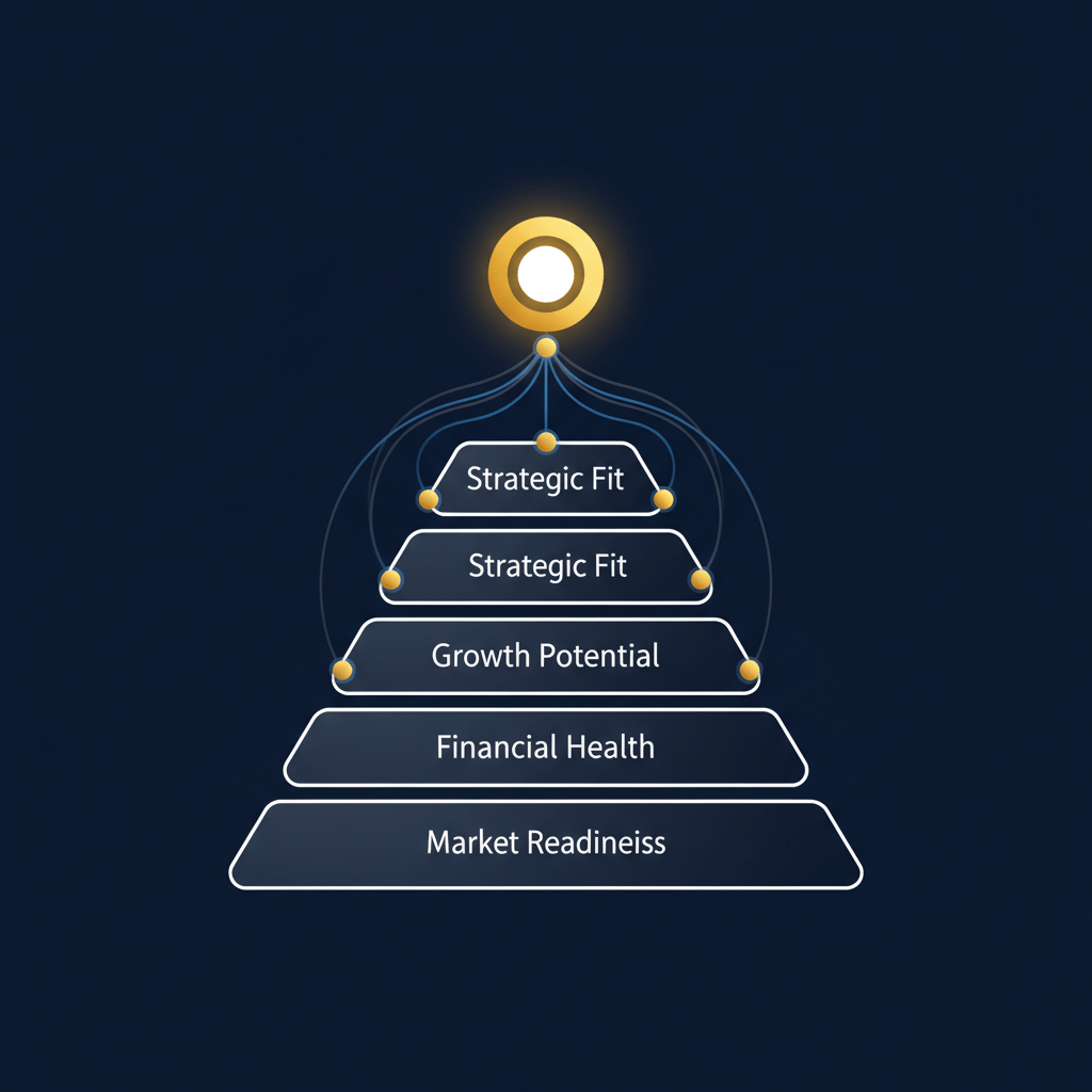 A layered infographic shaped like a funnel or pyramid, illustrating the strategic evaluation process for deciding if an IPO is suitable for a business, using geometric shapes.