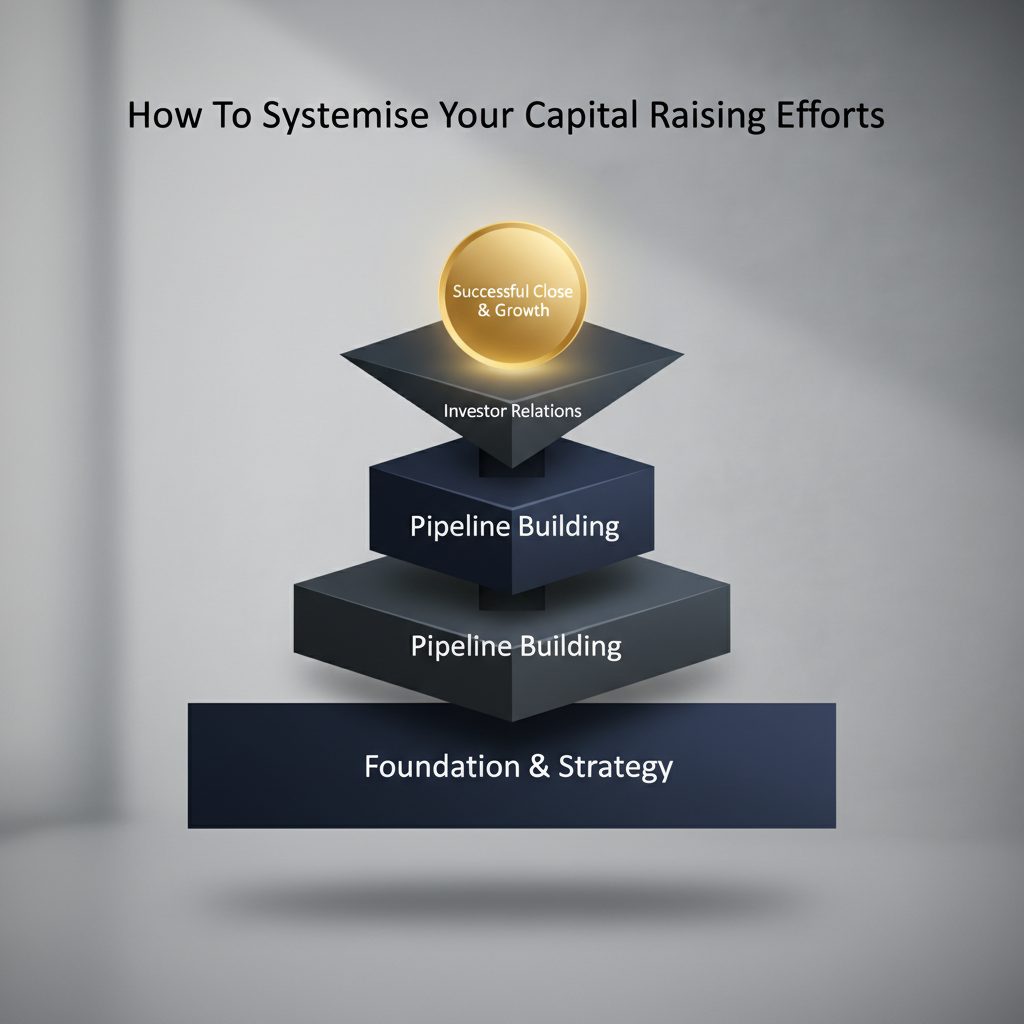 A layered, interconnected geometric framework in deep navy and charcoal, with gold highlights on the top layer, symbolizing a systematic approach to capital raising.