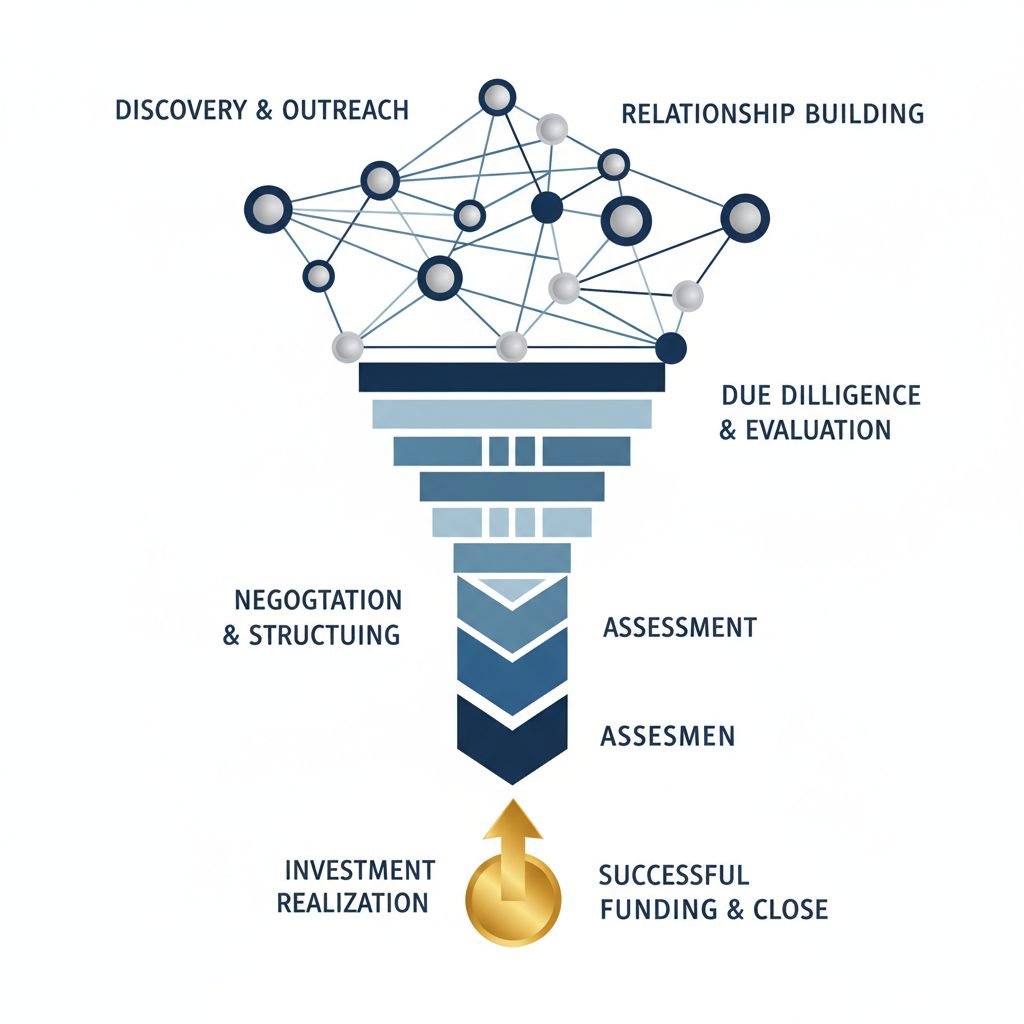 A minimalist deal-flow pipeline infographic, starting with a wide network of silver and navy nodes and narrowing to a gold-accented final output, representing a successful capital raising strategy.