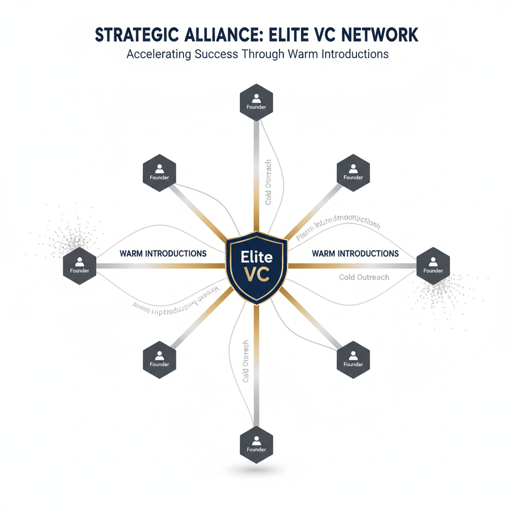 A minimalist diagram illustrating the importance of warm introductions to elite VCs, showing strong, direct connections as preferred and efficient pathways compared to weaker, indirect links.
