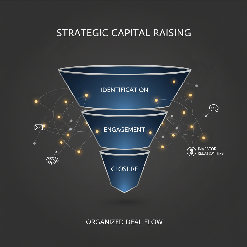 A minimalist infographic depicting a fundraising pipeline with interconnected nodes illustrating communication and investor relationships, highlighting organized deal flow.