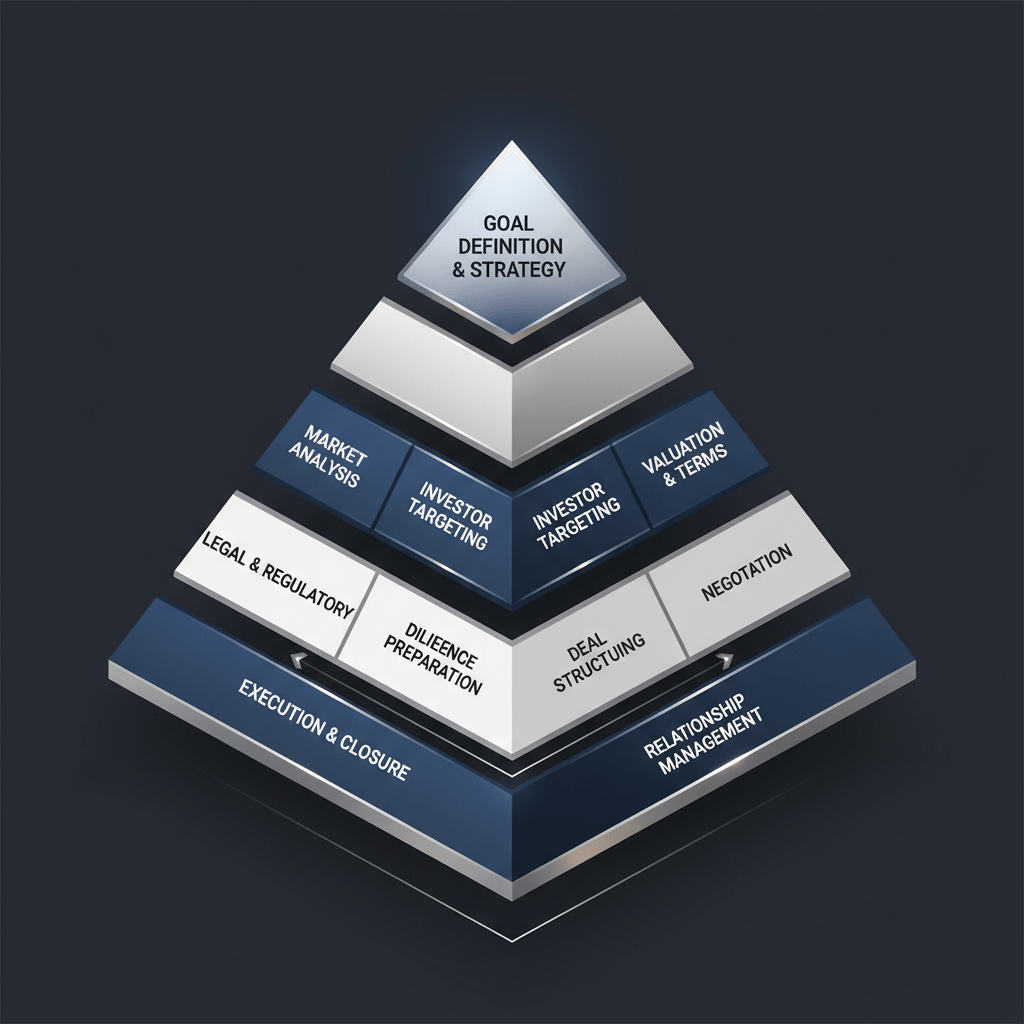 A minimalist, multi-layered diagram illustrating the strategic framework for developing a material capital raising strategy, using geometric shapes and a navy, white, and charcoal palette.