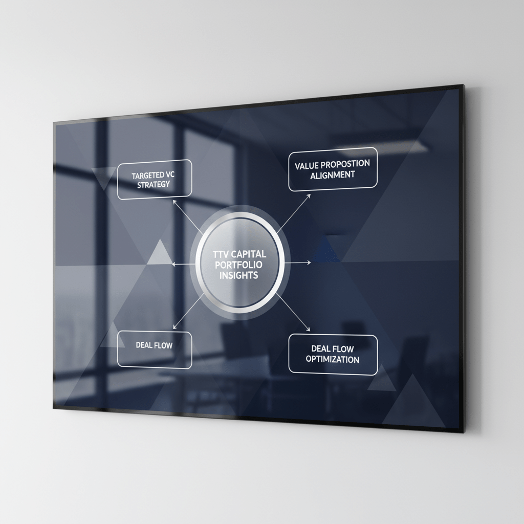 A minimalist network diagram showing 'TTV Capital Portfolio Insights' connected to strategic fundraising nodes like 'Targeted VC Strategy' and 'Deal Flow Optimization', illustrating how portfolio analysis informs strategy.