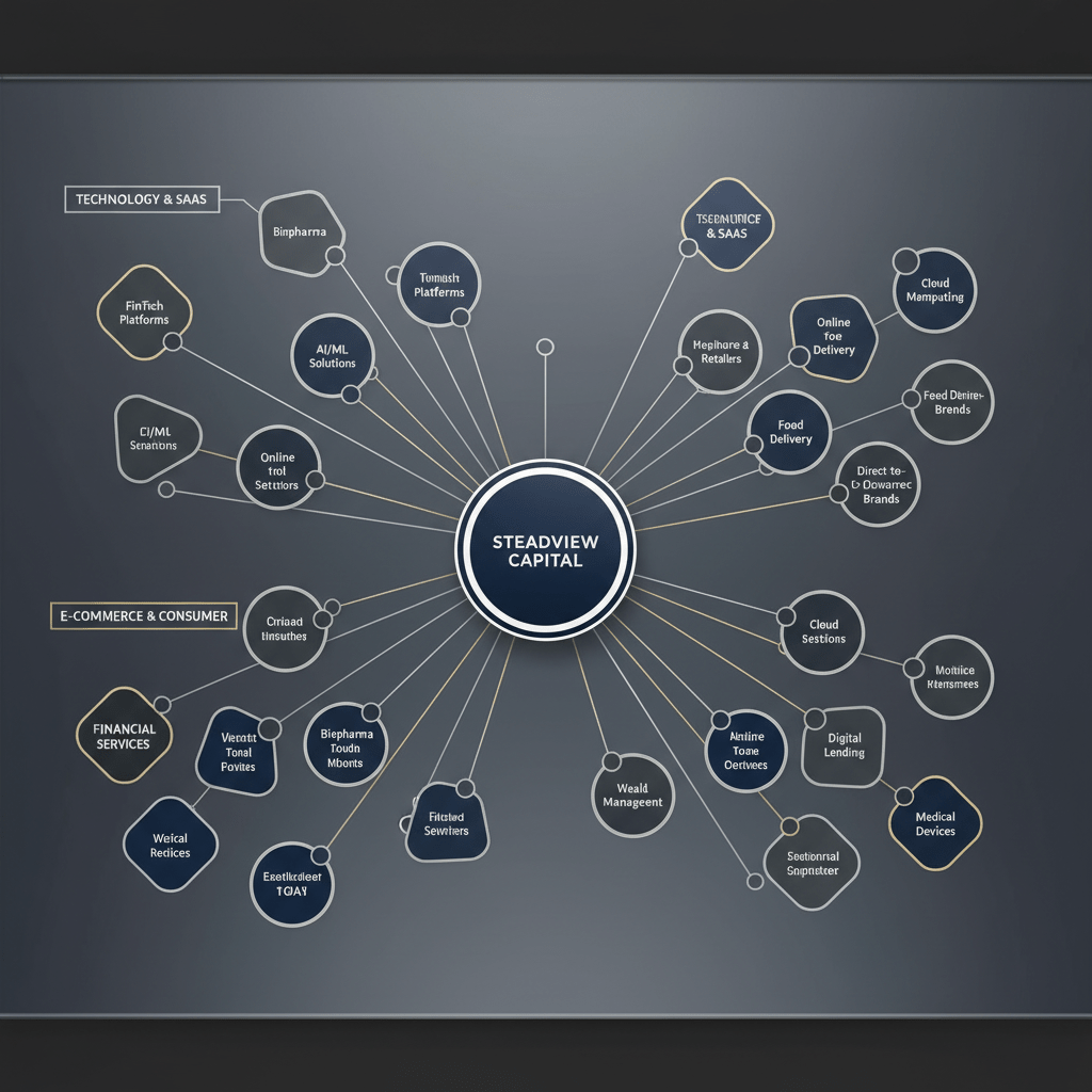 A minimalist node map infographic showing a central Steadview Capital node connected to multiple smaller nodes, representing its diverse key investments.