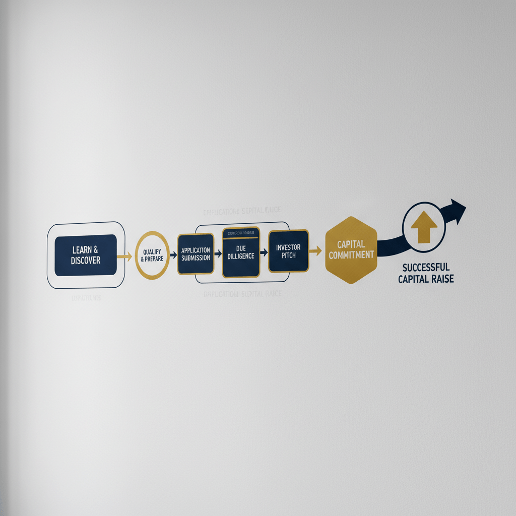 A minimalist, vector-based infographic depicting a structured fundraising pipeline with geometric shapes in navy, white, and gold, illustrating distinct application stages for capital raising lessons.